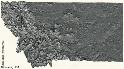 Topographic positive relief map of the Federal State of Montana, USA with black contour lines on beige background