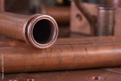 Copper plumbing fittings for water pipe installation close-up