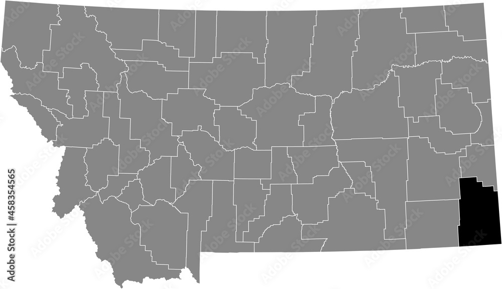 Black highlighted location map of the Carter County inside gray map of the Federal State of Montana, USA Black highlighted location map of the Carter County inside gray map of the Federal State of Montana, USA