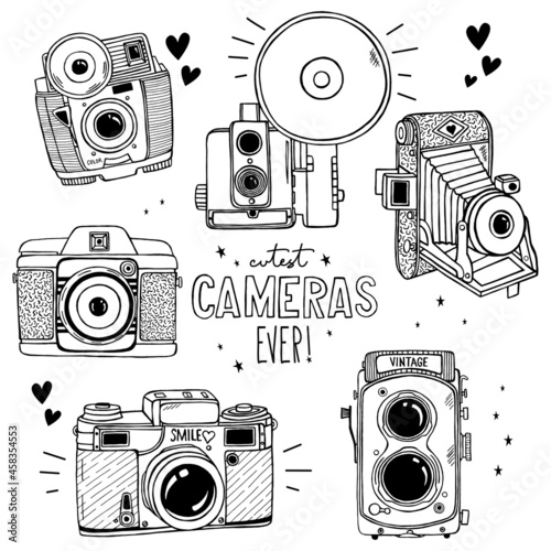 Black and White Retro Doodle style Cameras illustration in vector format. Vintage Hand drawn Photography elements