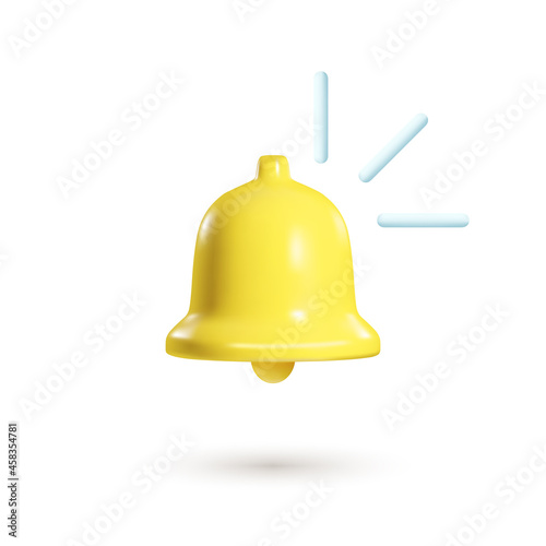 3d notification bell isolated on white background. 3d realistic render of ringing bell. Social media notice event reminder. Concept of notification message. Vector illustration of push chat alert