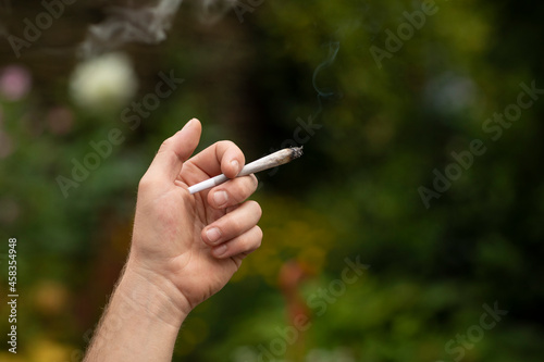 Mans hand holding a weed joint in a green surrounding with nature, plants and greenery. Smoking legal soft drugs in a garden