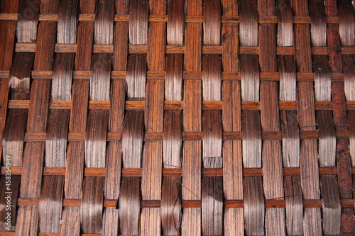 Fototapeta Naklejka Na Ścianę i Meble -  Close-up on the surface of a basket made of natural bamboo fiber. Varnished, background and texture.
