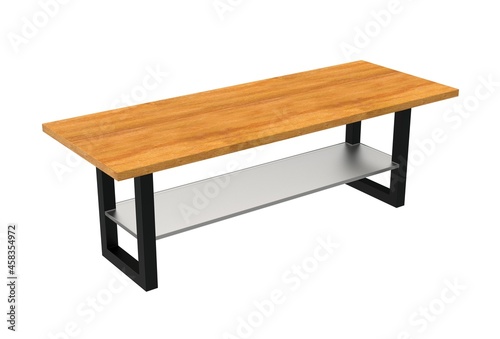 Wooden table with glass in loft style on white background. Element for design. Modern table. Furniture. Interior element. 3D Illustration.