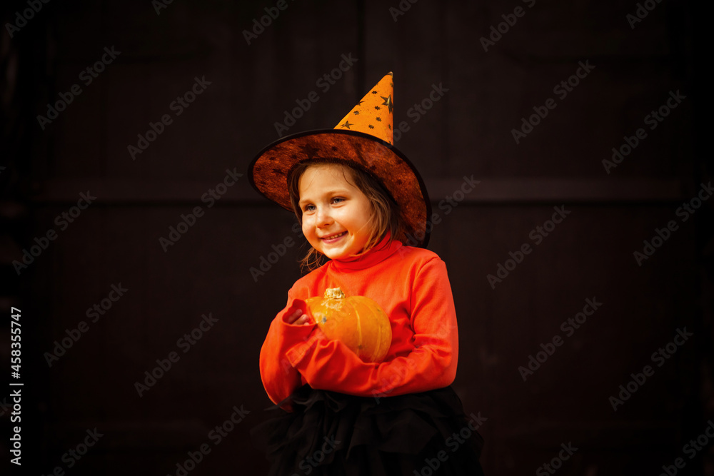 a small, beautiful girl, dressed as a witch with a pumpkin, for Halloween, plays on the porch of a wooden house a small, beautiful girl, dressed as a witch with a pumpkin, for Halloween, plays on the porch of a wooden house