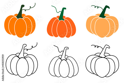 set of hand drawn pumpkins in various shapes, black outlined and colored.  cute and cartoon style suitable for decoration and Halloween invitation.