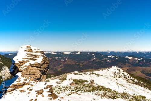 Landscapes of the Carpathian Mountains, covered with large stone ledges in Ukraine, near the village of Dzembronya photo