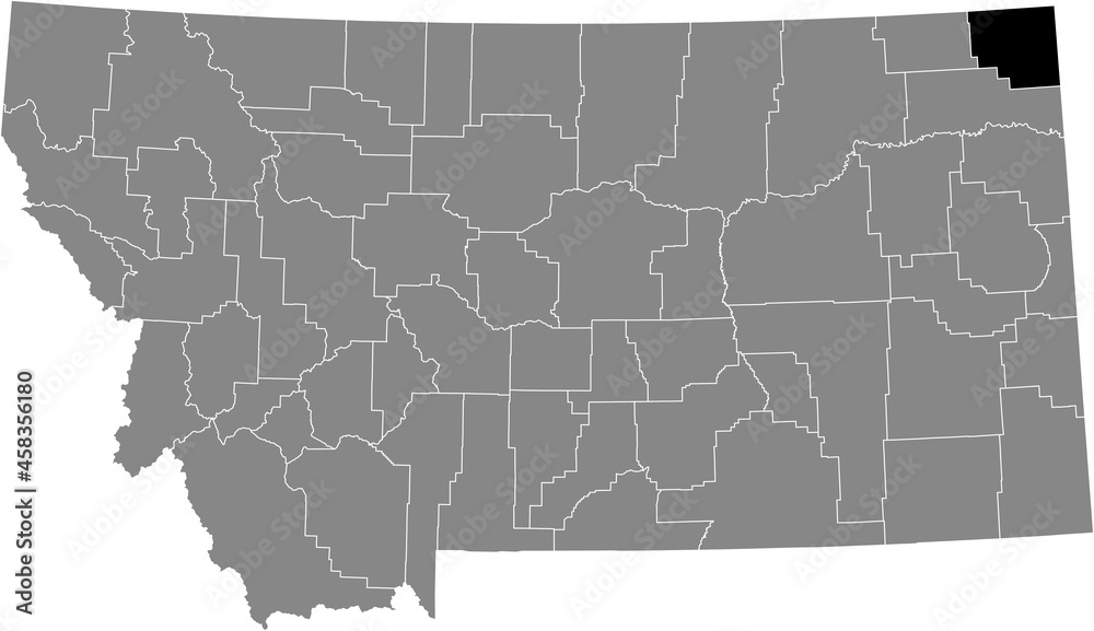 Obraz premium Black highlighted location map of the Sheridan County inside gray map of the Federal State of Montana, USA