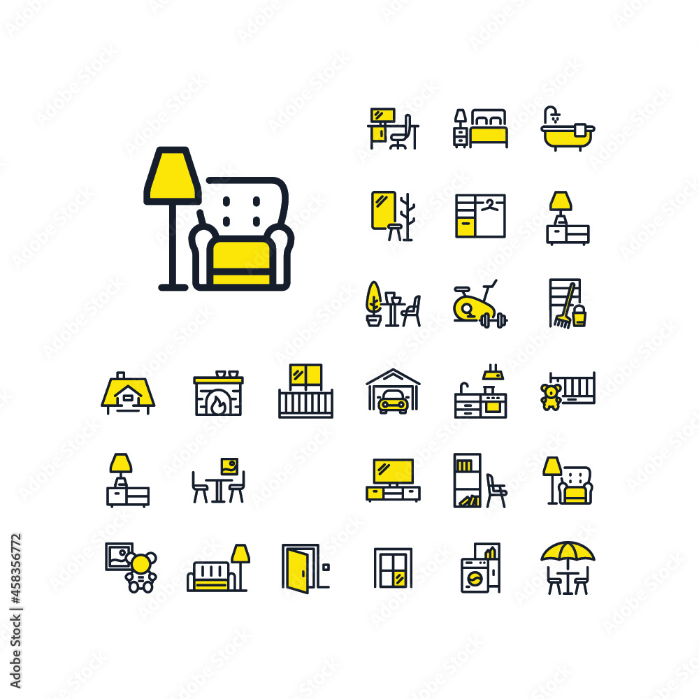Armchair and floor lamp line icon in set on the white background. Two-color high quality outline symbol for web design or mobile app. Armchair and floor lamp line icon in set on the white background. Two-color high quality outline symbol for web design or mobile app.