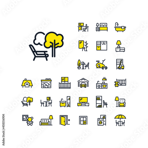 Deckchair in garden line icon in set on the white background. Two-color high quality outline symbol for web design or mobile app.