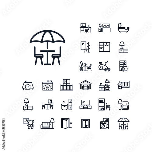 Table and chairs under sun umbrella line icon in set on the white background. High quality outline symbol for web design or mobile app.
