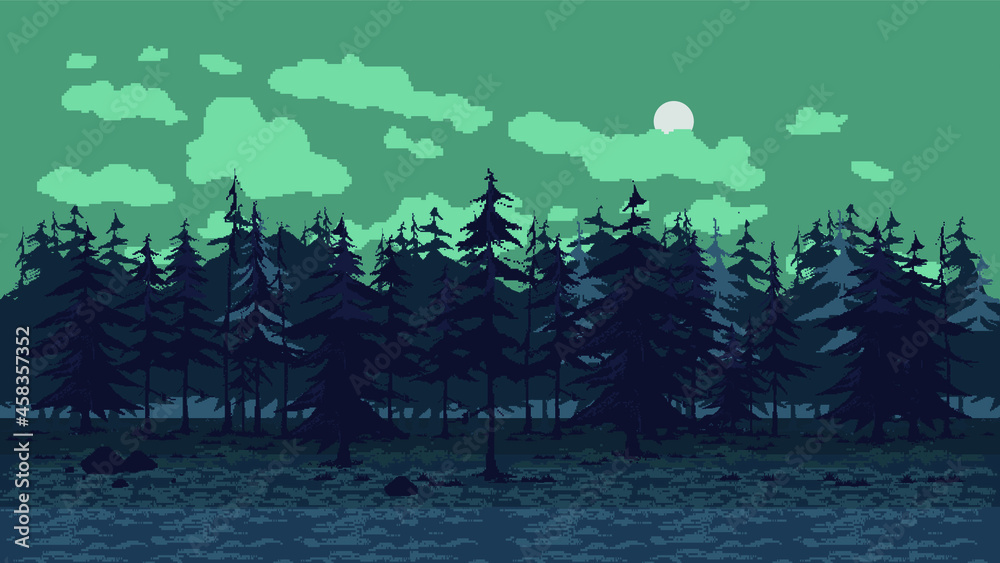 Pixel art background with forest for games and mobile applications.  Seamless when docking horizontally. Halloween background in pixel art, 8  bit, 16 bit Stock Vector | Adobe Stock