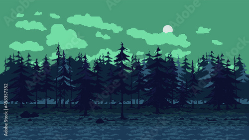 Pixel art background with forest for games and mobile applications. Seamless when docking horizontally. Halloween background in pixel art, 8 bit, 16 bit