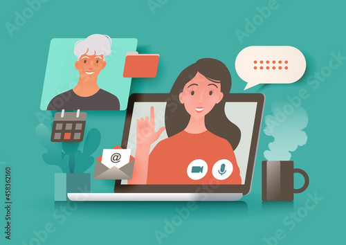 Woman using  laptop computer getting together with colleague via video call. Virtual meeting, freelance work, e-learning, online communication and telecommuting concept vector illustration