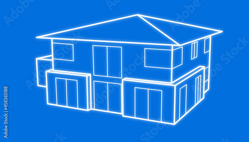 Rückansicht eines exklusiven Einfamilienhauses mit zwei Vollgeschossen, Zeltdach und Garage, Stadtvilla, Wohnungsbau, Neubau, Planung, Architektur, Blueprint