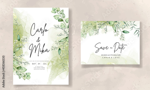 wedding invitation card template with eucalyptus leaves watercolor