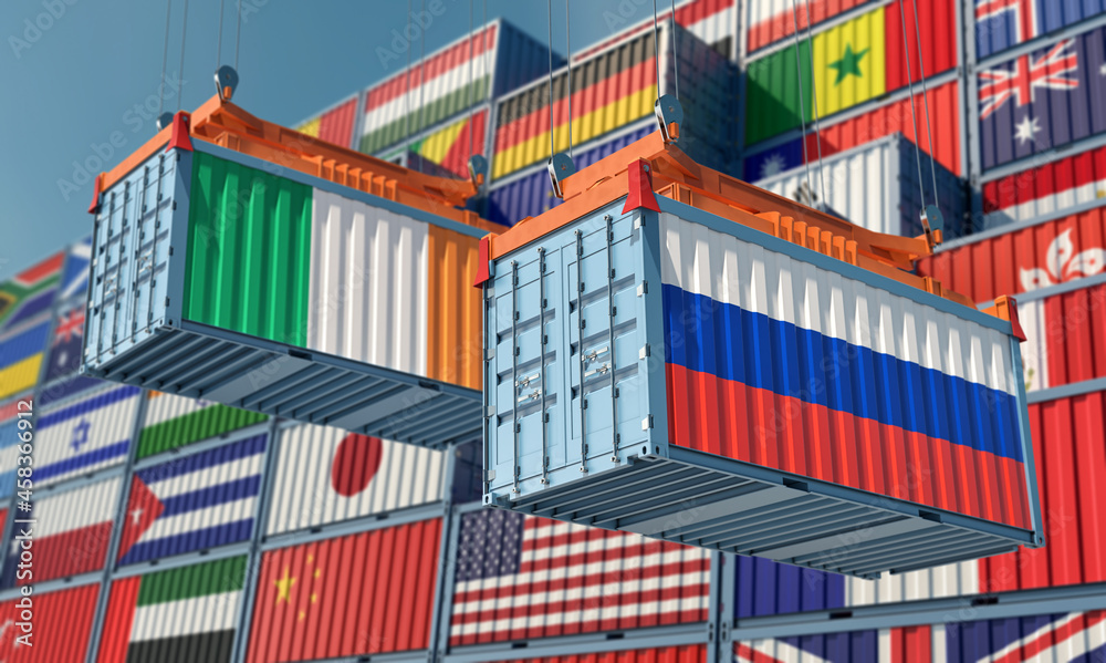 Freight containers with Russia and Ireland national flags. 3D Rendering 