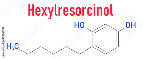 Hexylresorcinol molecule. Has anaesthetic, antiseptic and anthelmintic properties. Skeletal formula. photo