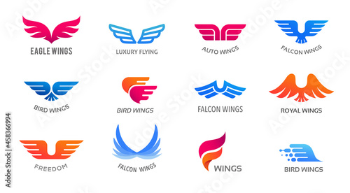 Collection of wings logos, icons and symbols. Fast delivery, motion and speed concept.