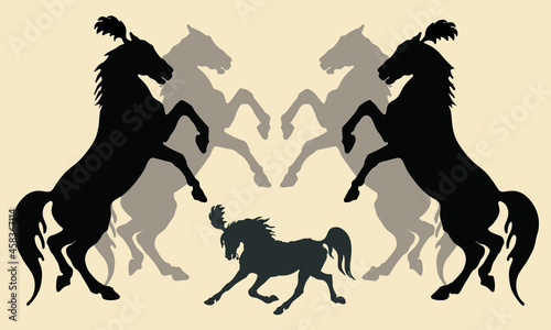 set, black silhouette,  horses circus on colored background, horse show