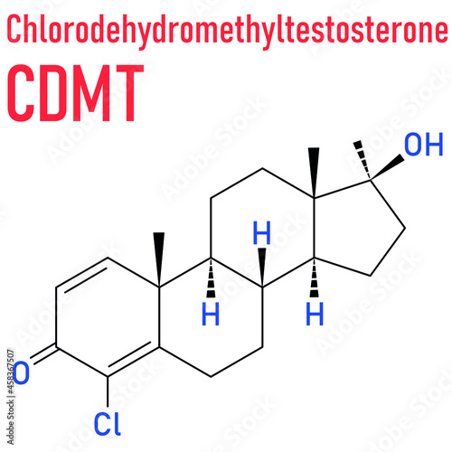 Chlorodehydromethyltestosterone (CDMT) androgenic and anabolic steroid molecule, used in sports doping. Skeletal formula. photo