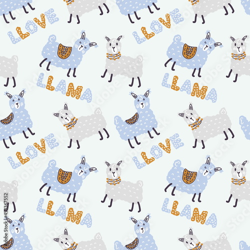 Fototapeta Naklejka Na Ścianę i Meble -  Pastel colored seamless pattern of lamas and text LLAMA LLOVE. Perfect for T-shirt, textile and prints. Hand drawn illustration for decor and design.