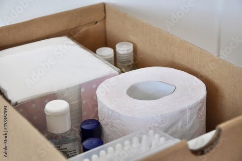 Принти на полотні Personal hygiene products (toilet paper, napkins, antibacterial gel, Sanitizer, Cotton swab) in a box