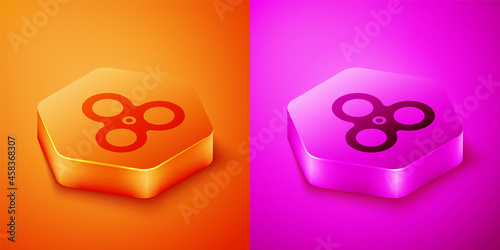 Isometric Fidget spinner icon isolated on orange and pink background. Stress relieving toy. Trendy hand spinner. Hexagon button. Vector