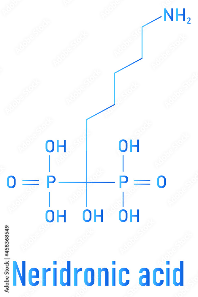 Neridronic acid drug molecule. Used for treatment of osteogenesis imperfecta and Paget's disease of bone. Skeletal formula. Neridronic acid drug molecule. Used for treatment of osteogenesis imperfecta and Paget's disease of bone. Skeletal formula.