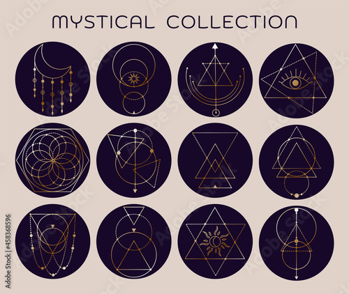 Set of vector trendy geometric line icons. Symbols collection. Religion, philosophy, spirituality, occultism.