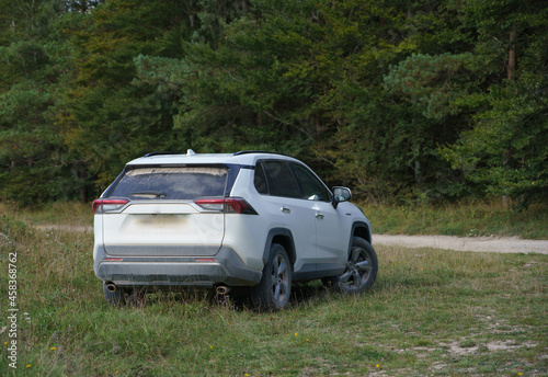 white Toyota RAV4 Excel 2019 sport utility vehicle covered in dust, in a grass field