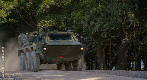  British army Patria Pasi Fuchs (Falcon Squadron) CBRN six-wheeled armoured personnel carrier vehicle on a military battle exercise, Wiltshire UK photo