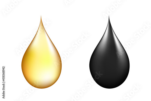 Black and gold oil drop on white isolated background.