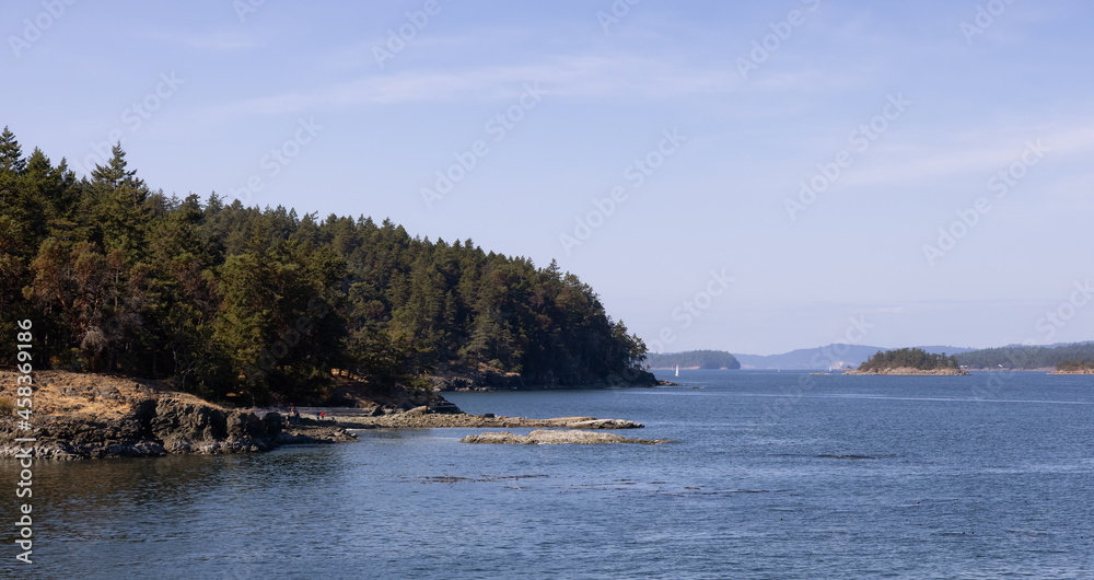 Rocky Shore with Canadian Nature Landscape on the Pacific Ocean West Coast. Sunny Summer Day. Ruckle Provincial Park, Salt Spring Island, British Columbia, Canada. Rocky Shore with Canadian Nature Landscape on the Pacific Ocean West Coast. Sunny Summer Day. Ruckle Provincial Park, Salt Spring Island, British Columbia, Canada.