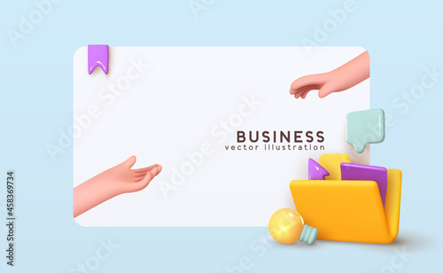 Business affairs, conclusion of deal and contract. Big Folder, document, file, hands realistic 3d icon. Concluding handshake. Landing page for website. Concept creative idea. Vector illustration.