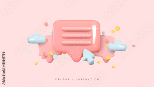 Message notification icon. Cloud new message realistic 3d design. Dialog, Chat Speech Bubble. Clicks the arrow cursor on dialogue. Vector illustration
