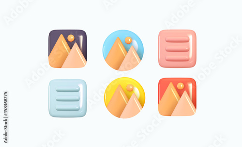 Set of gallery icons, images photos and videos. Realistic 3d design. Soft multicolored pastel colors. Vector illustration