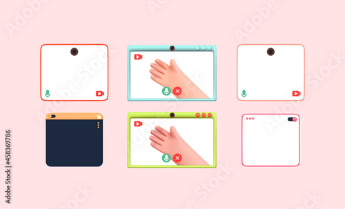 Video online broadcast template. Realistic 3d screen live stream. Set Video communication frame icons. Creative design elements for Social media. Vector illustration