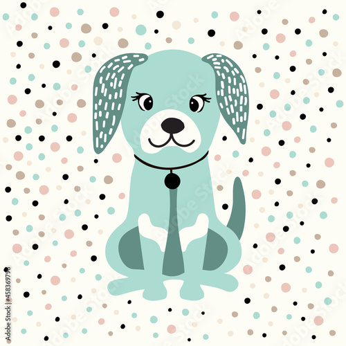 Cartoon colorfull funny cute with a dog on background dots. For printing baby textile, fabrics, design, decor, gift wrapping, paper, baby shower, greeting card, notepad, scrapbooking.