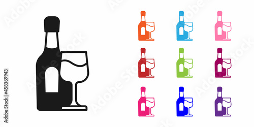 Black Wine bottle with glass icon isolated on white background. Set icons colorful. Vector