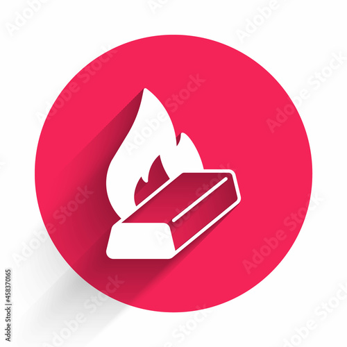 White Molten gold being poured icon isolated with long shadow background. Molten metal poured from ladle. Red circle button. Vector