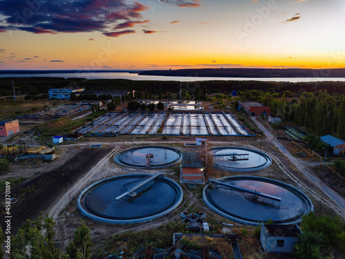 Modern sewage treatment plant, aerial view from drone