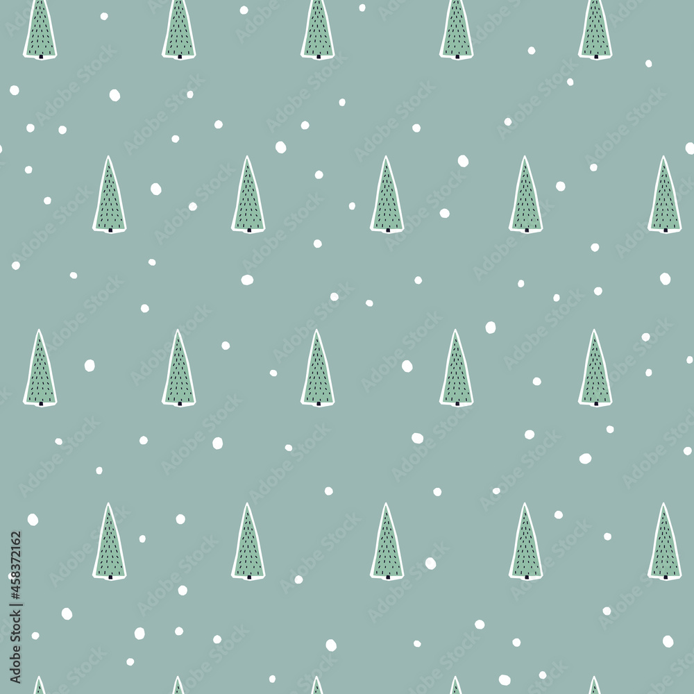 Blue background with snowfall in the forest. Seamless simple pattern Blue background with snowfall in the forest. Seamless simple pattern