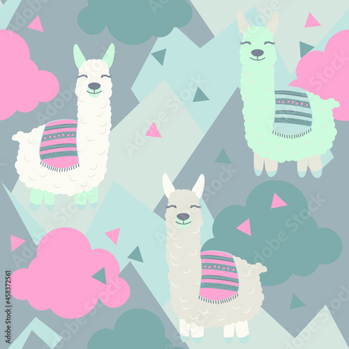 Vector alpaca pattern for kids. Colorful seamless alpaca, triangle, clouds and mountains pattern. Perfect for greetings, invitations, manufacture wrapping paper, textile and web design. Vector pattern photo