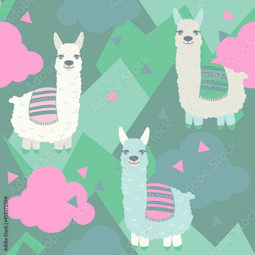 Vector alpaca pattern for kids. Colorful seamless alpaca, triangle, clouds and mountains pattern. Perfect for greetings, invitations, manufacture wrapping paper, textile and web design. Vector pattern