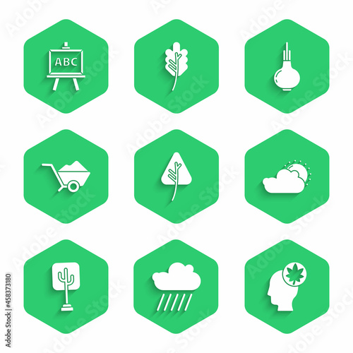 Set Leaf or leaves, Cloud with rain, Human head leaf, Sun and cloud weather, Tree, Wheelbarrow dirt, Onion and Chalkboard icon. Vector