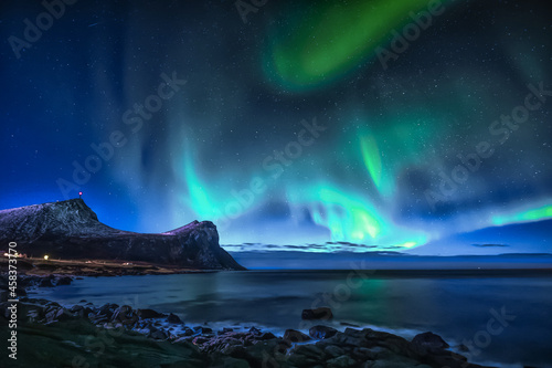 Aurora Borealis on sky in Lofoten islands