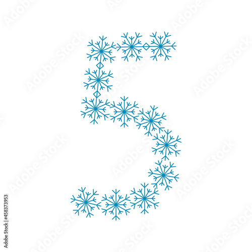 Number five of snowflakes. Festive font or decoration for New Year and Christmas