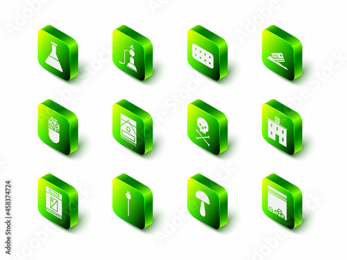 Set Hookah, Pills in blister pack, Cocaine and credit card, Medical hospital building, Plastic bag of drug, Skull on crossbones, Psilocybin mushroom and Opium poppy icon. Vector