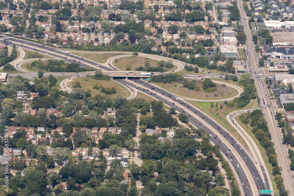 Cloverleaf Exit off of I-94 near Skokie, Illinois, USA as seen from the air.